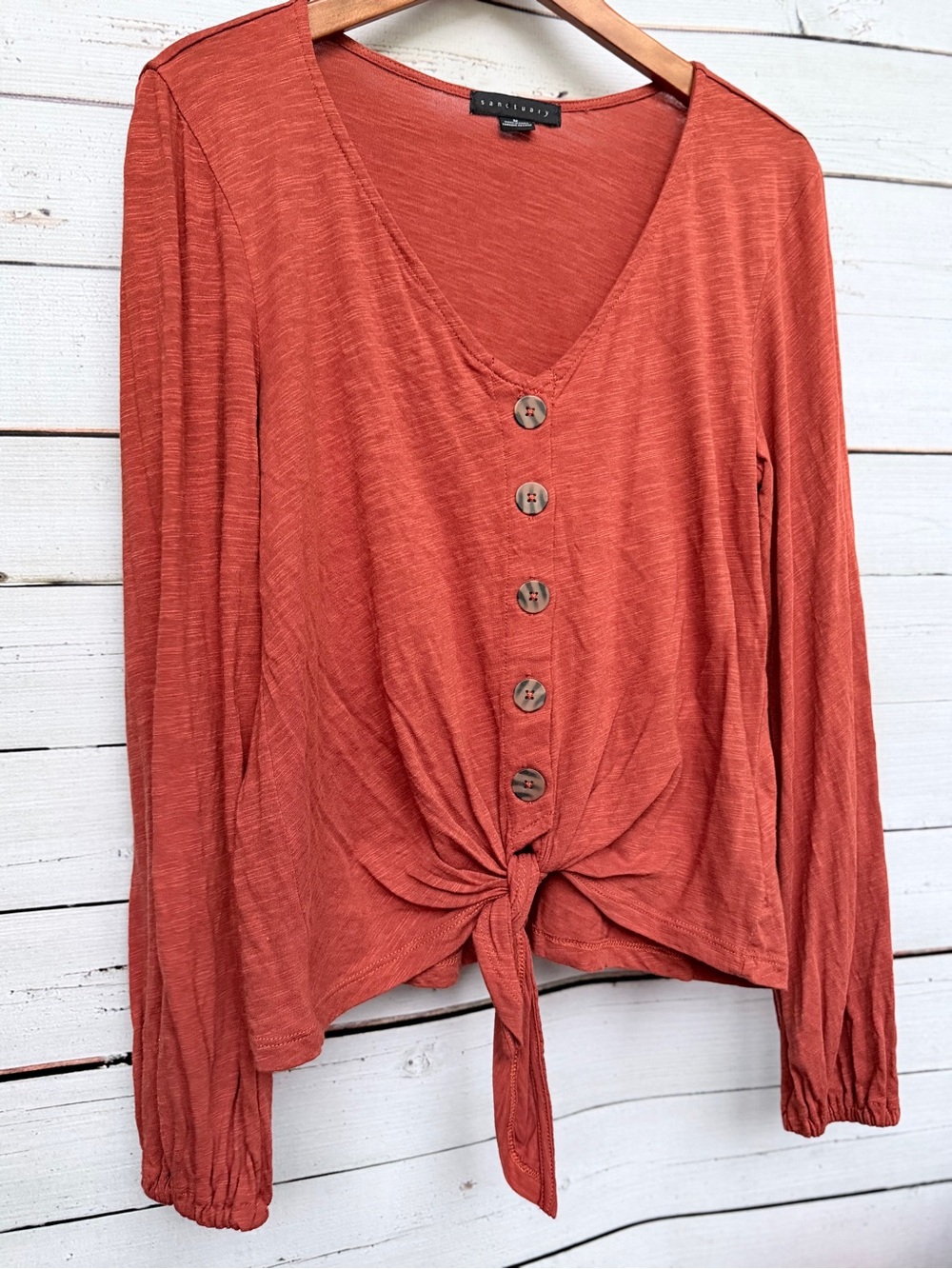 Sanctuary Rust Button-Front Tie-Waist Long Sleeve Top - Picture 4 of 6